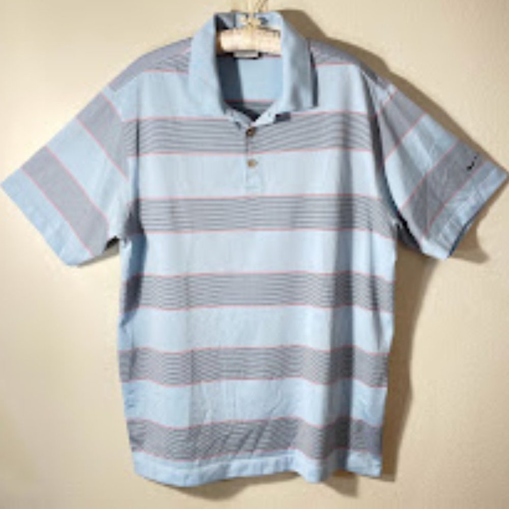Nike Polo Golf Shirt Mens XL Dri Fit Light Blue Striped Black Red Performance